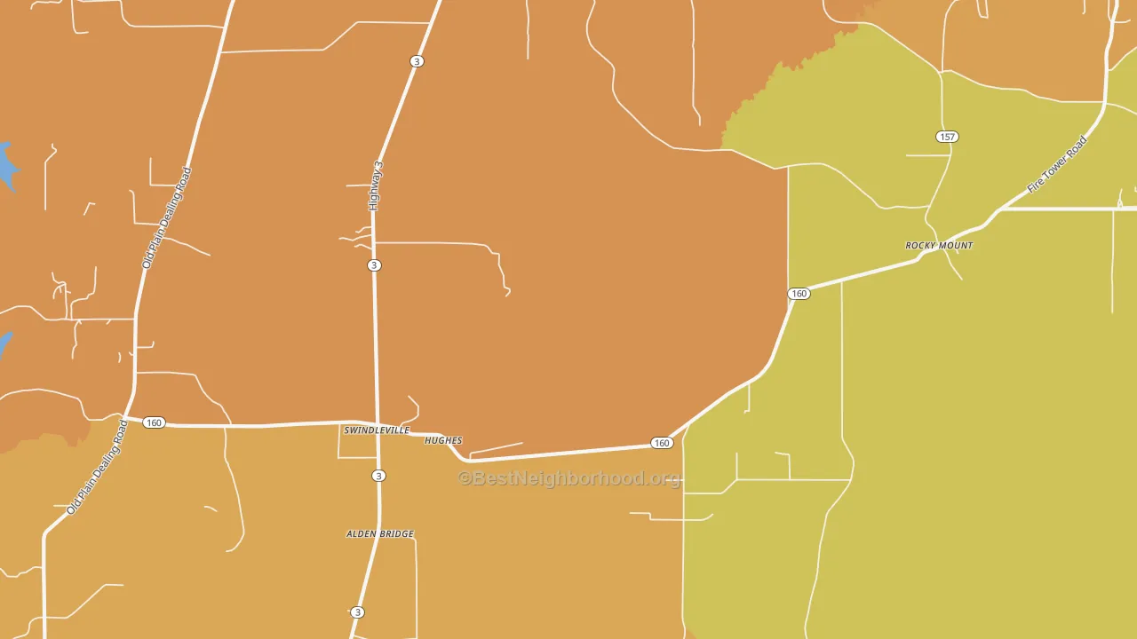 Map of the best neighborhoods in the Hughes area, with better matches in green and worse matches in red
