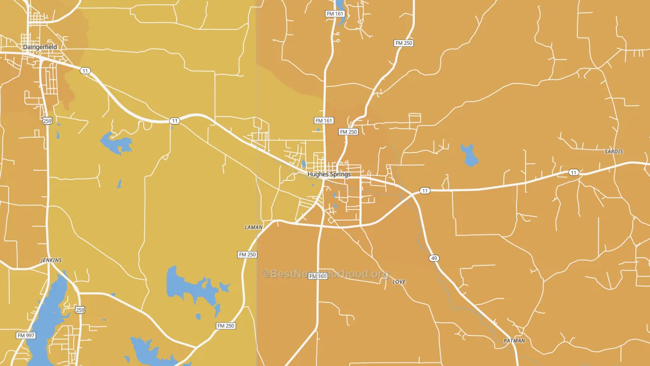 Map of the best neighborhoods in the Hughes Springs area, with better matches in green and worse matches in red
