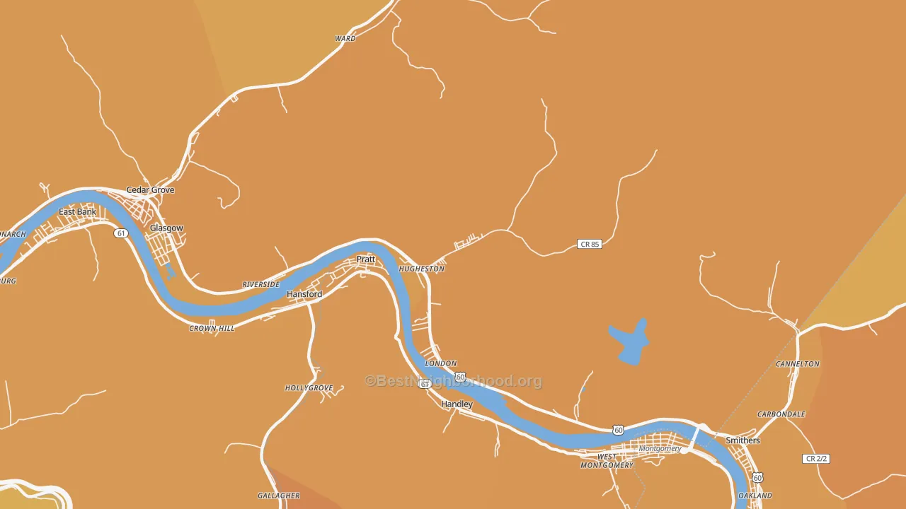 Map of the best neighborhoods in the Hugheston area, with better matches in green and worse matches in red
