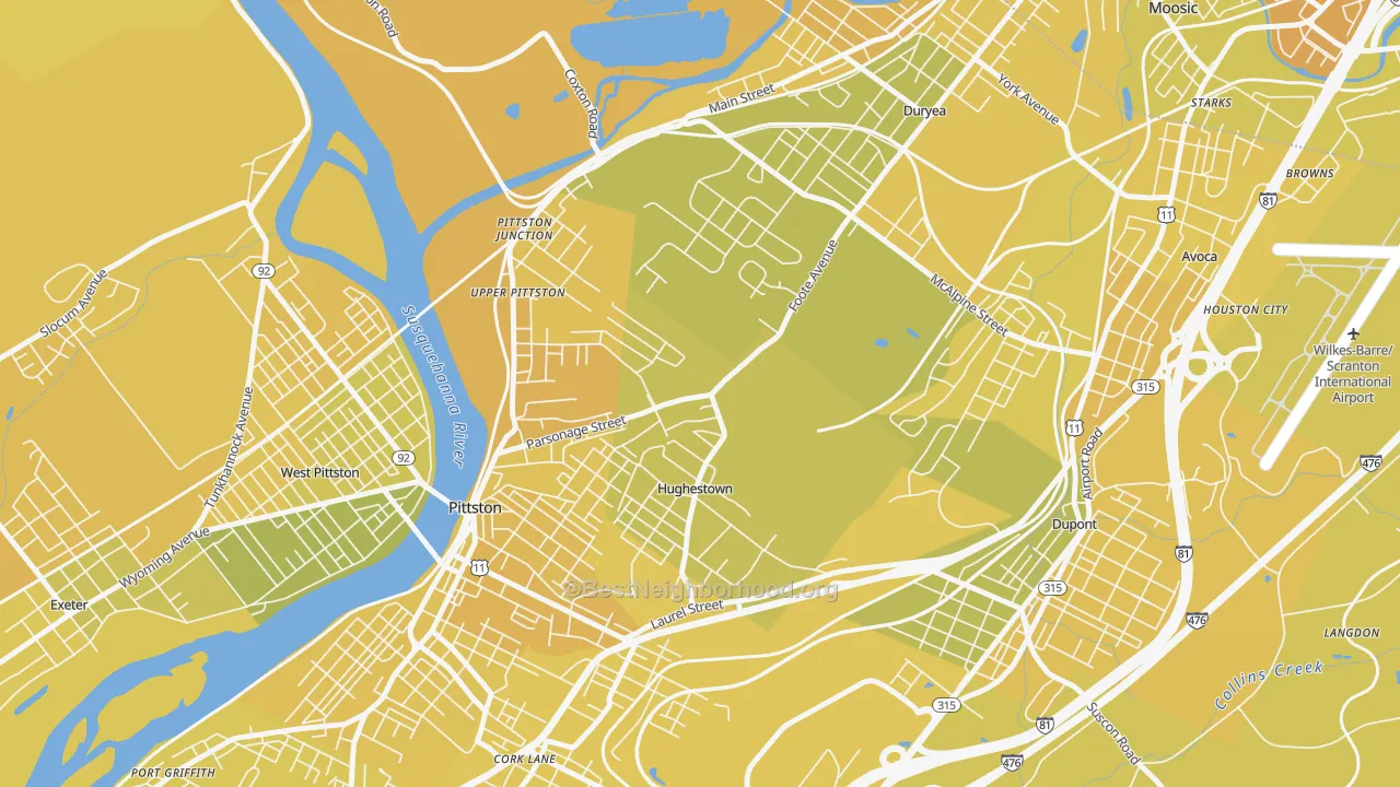 Map of the best neighborhoods in the Hughestown area, with better matches in green and worse matches in red