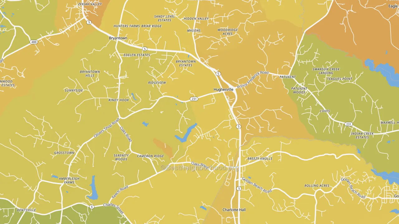 Map of the best neighborhoods in the Hughesville area, with better matches in green and worse matches in red