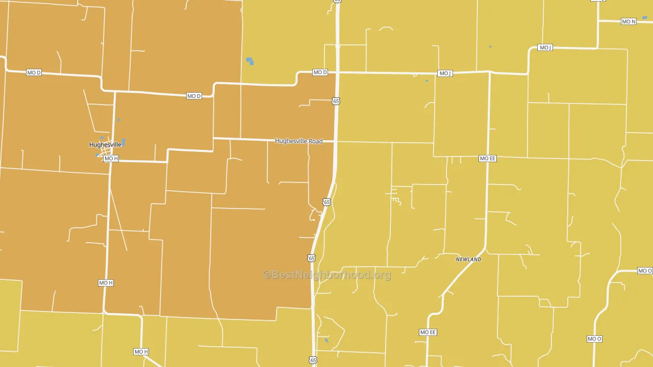 Map of the best neighborhoods in the Hughesville area, with better matches in green and worse matches in red