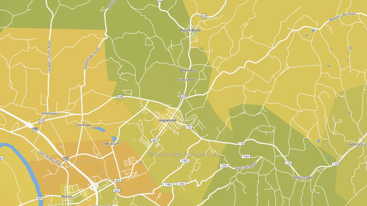 Map of the best neighborhoods in the Hughesville area, with better matches in green and worse matches in red
