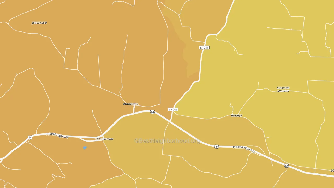 Map of the best neighborhoods in the Hughey area, with better matches in green and worse matches in red