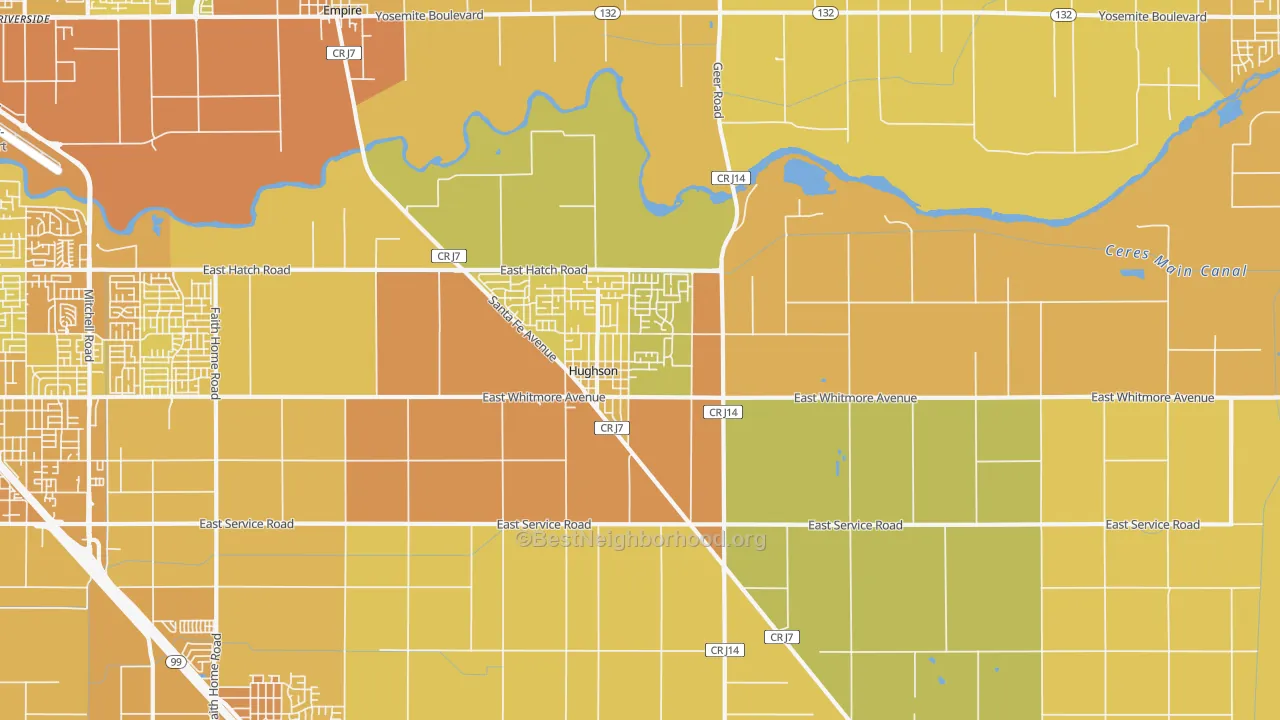 Map of the best neighborhoods in the Hughson area, with better matches in green and worse matches in red