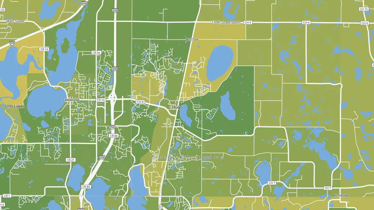 Map of the best neighborhoods in the Hugo area, with better matches in green and worse matches in red