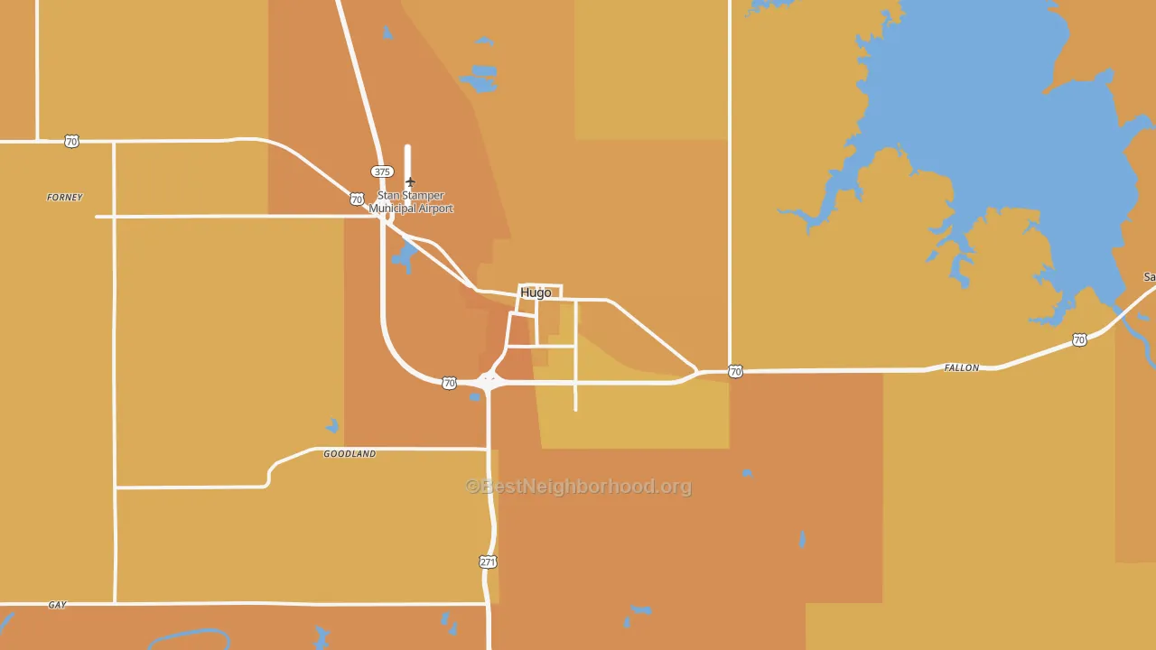 Map of the best neighborhoods in the Hugo area, with better matches in green and worse matches in red