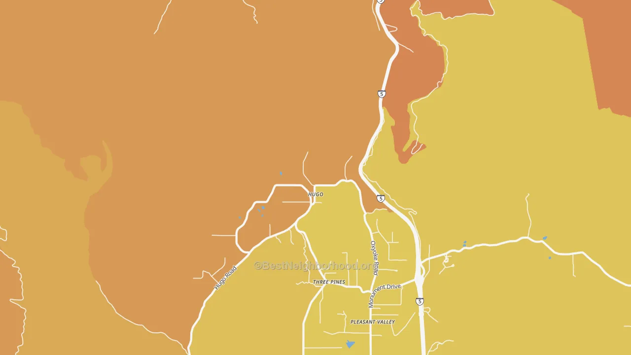 Map of the best neighborhoods in the Hugo area, with better matches in green and worse matches in red