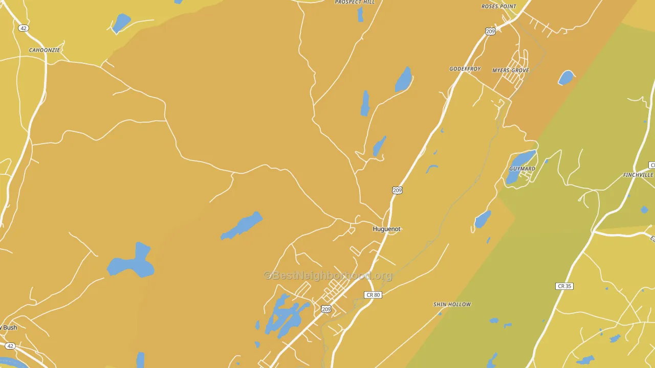 Map of the best neighborhoods in the Huguenot area, with better matches in green and worse matches in red