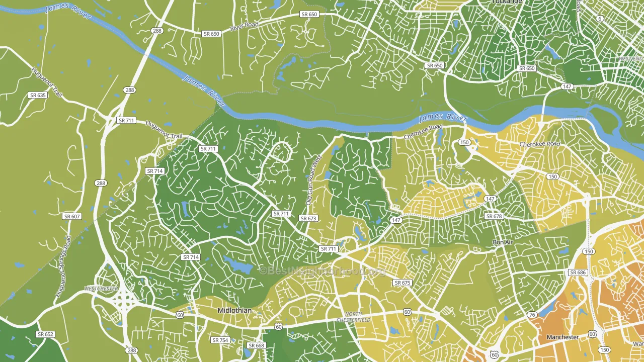 Map of the best neighborhoods in the Huguenot, Richmond area, with better matches in green and worse matches in red