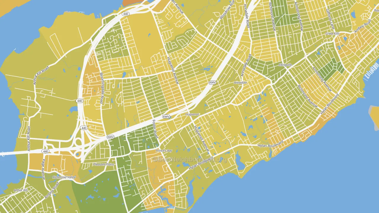 Map of the best neighborhoods in the Huguenot, Staten Island area, with better matches in green and worse matches in red