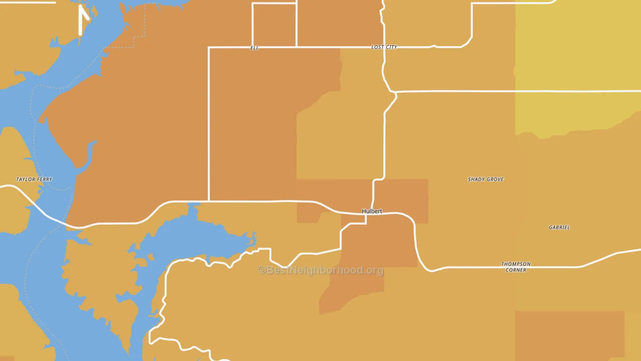 Map of the best neighborhoods in the Hulbert area, with better matches in green and worse matches in red