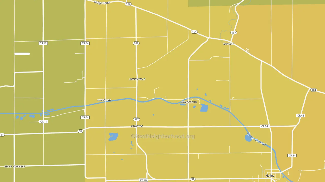 Map of the best neighborhoods in the Hulberton area, with better matches in green and worse matches in red
