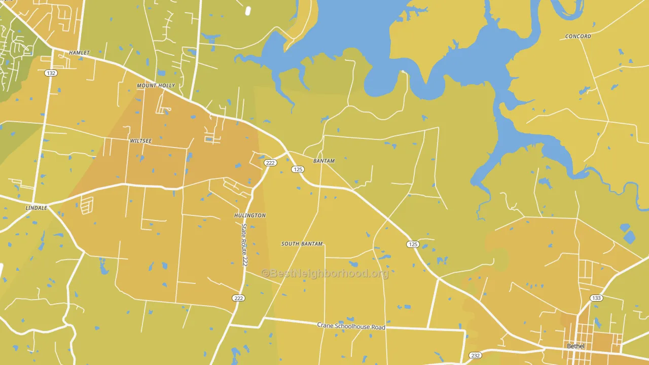 Map of the best neighborhoods in the Hulington area, with better matches in green and worse matches in red