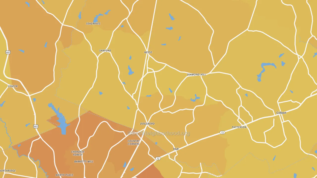 Map of the best neighborhoods in the Hull area, with better matches in green and worse matches in red