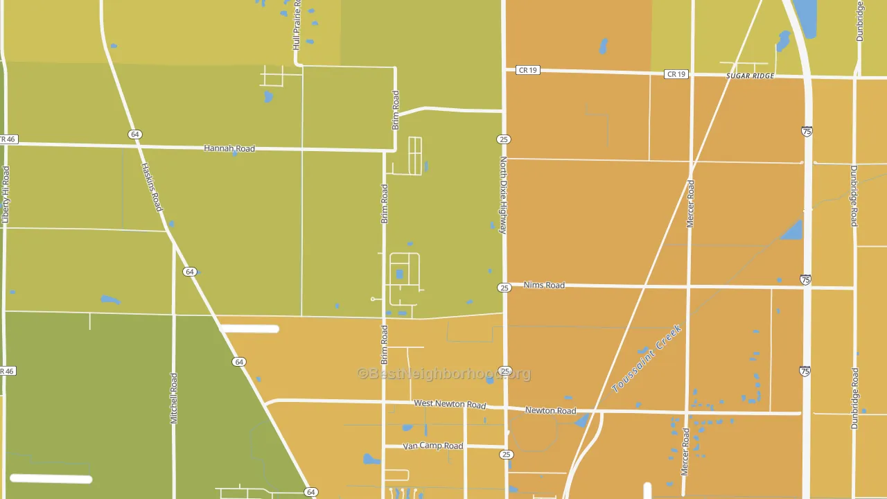 Map of the best neighborhoods in the Hull Prairie area, with better matches in green and worse matches in red