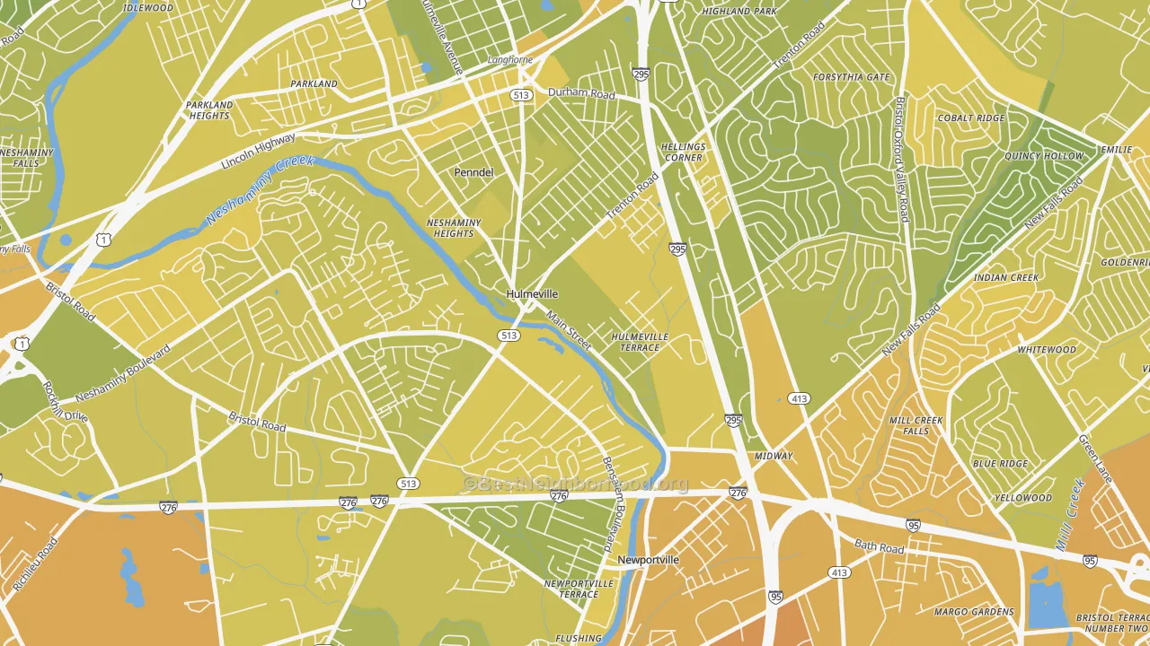 Map of the best neighborhoods in the Hulmeville area, with better matches in green and worse matches in red