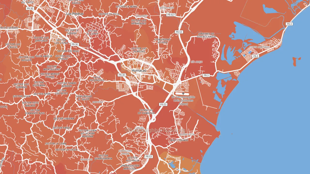 Map of the best neighborhoods in the Humacao Municipio area, with better matches in green and worse matches in red