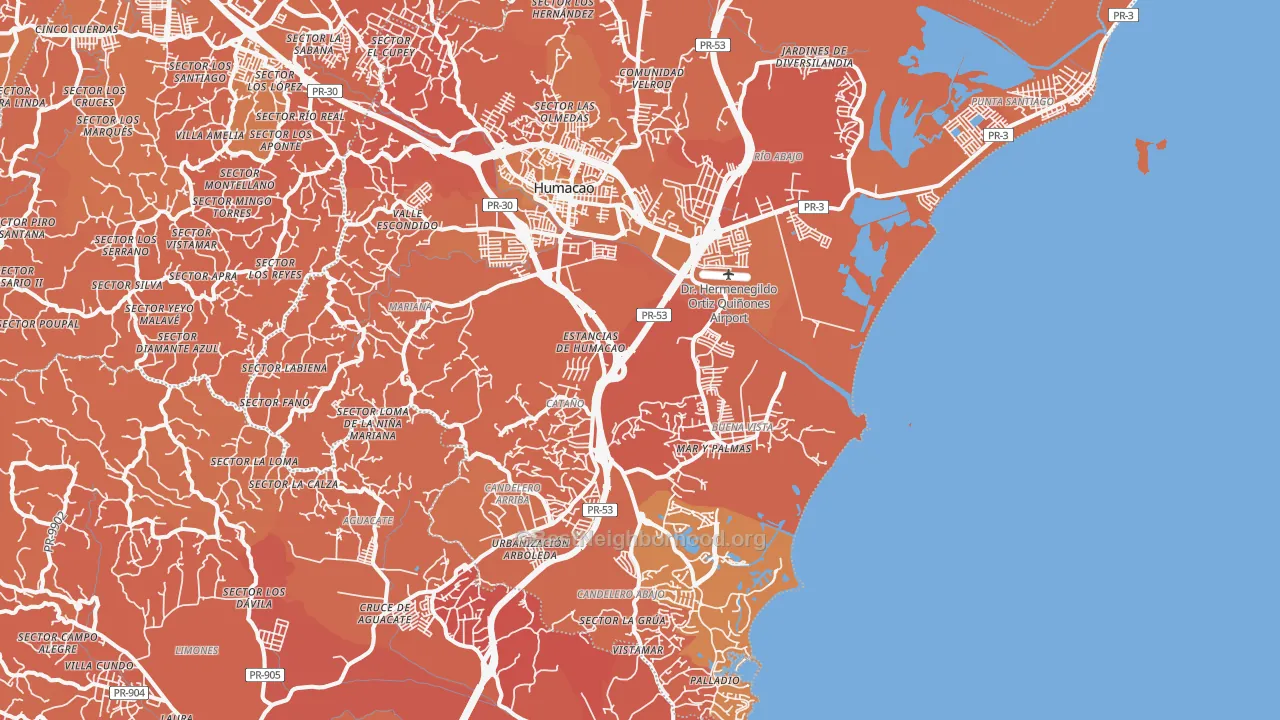 Map of the best neighborhoods in the Humacao area, with better matches in green and worse matches in red