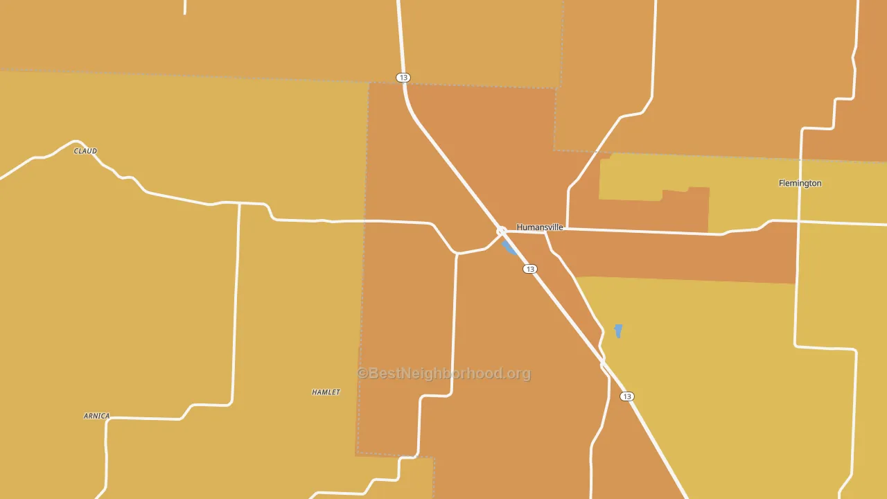 Map of the best neighborhoods in the Humansville area, with better matches in green and worse matches in red