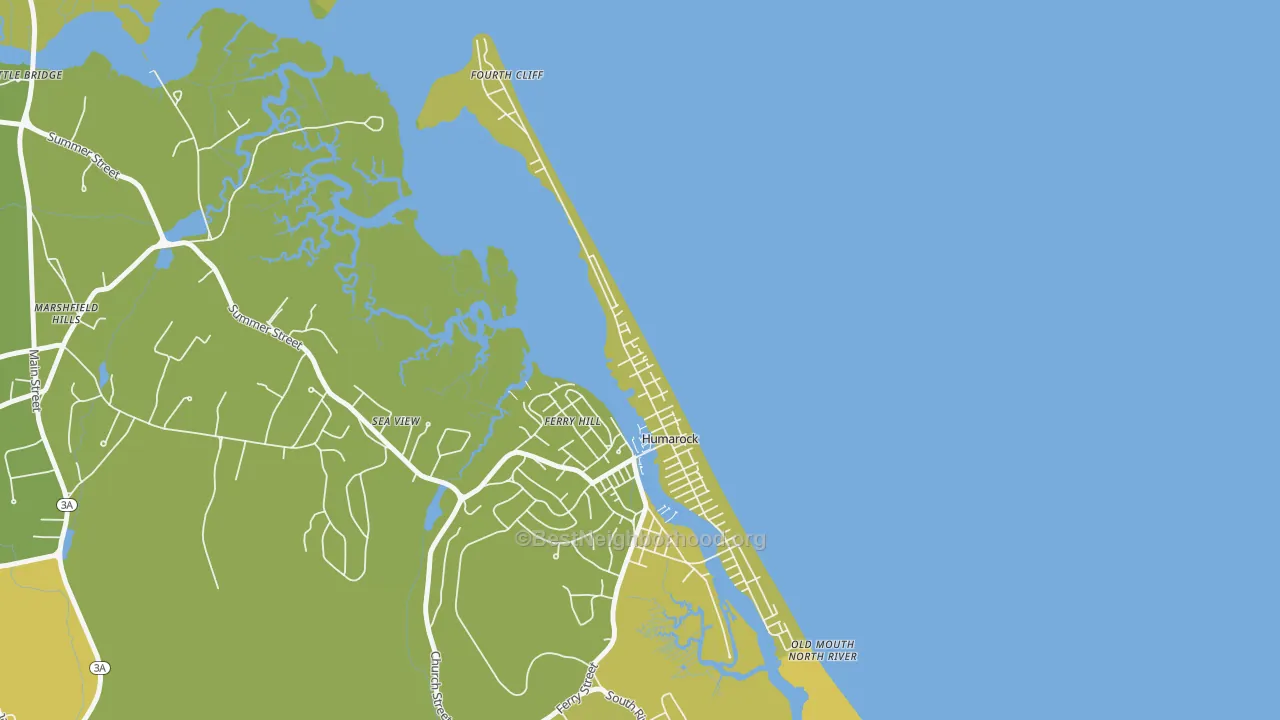 Map of the best neighborhoods in the Humarock area, with better matches in green and worse matches in red