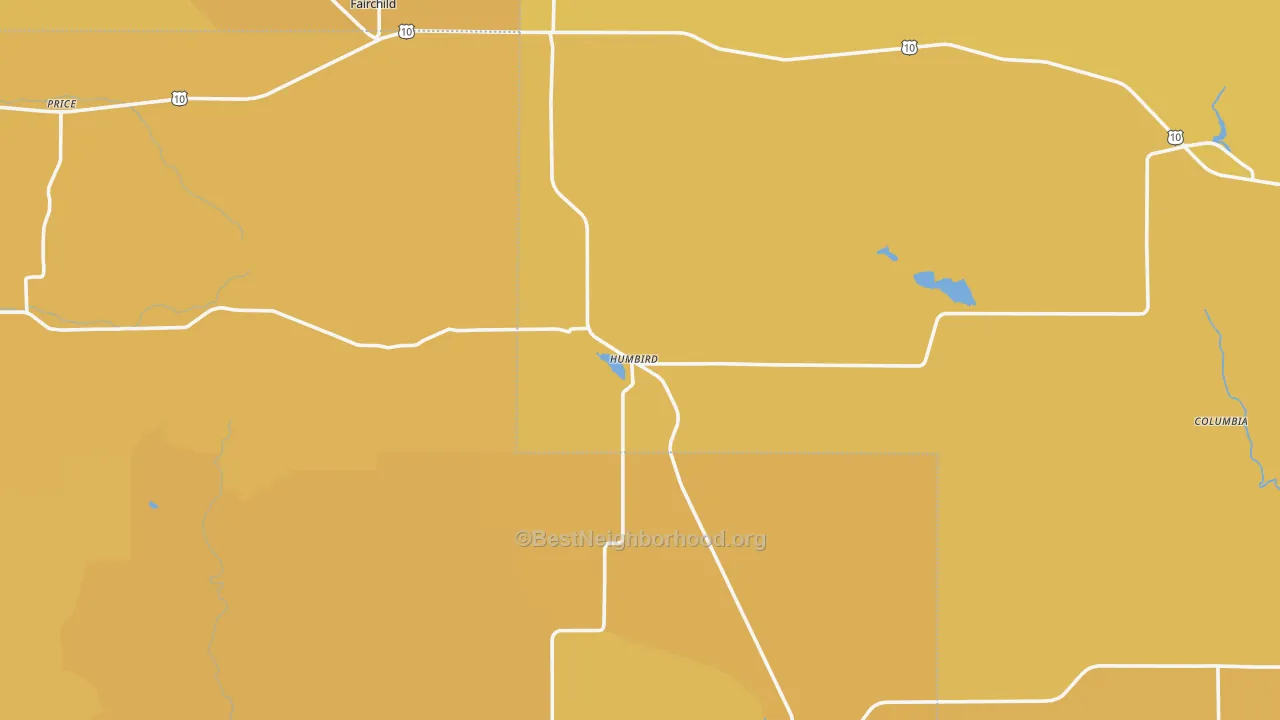 Map of the best neighborhoods in the Humbird area, with better matches in green and worse matches in red