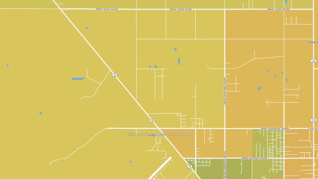 Map of the best neighborhoods in the Humble City area, with better matches in green and worse matches in red