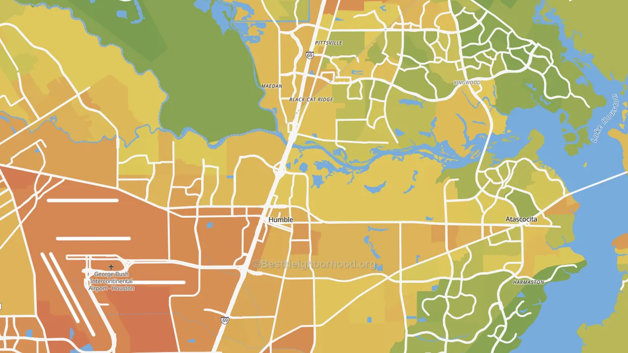 Map of the best neighborhoods in the Humble area, with better matches in green and worse matches in red