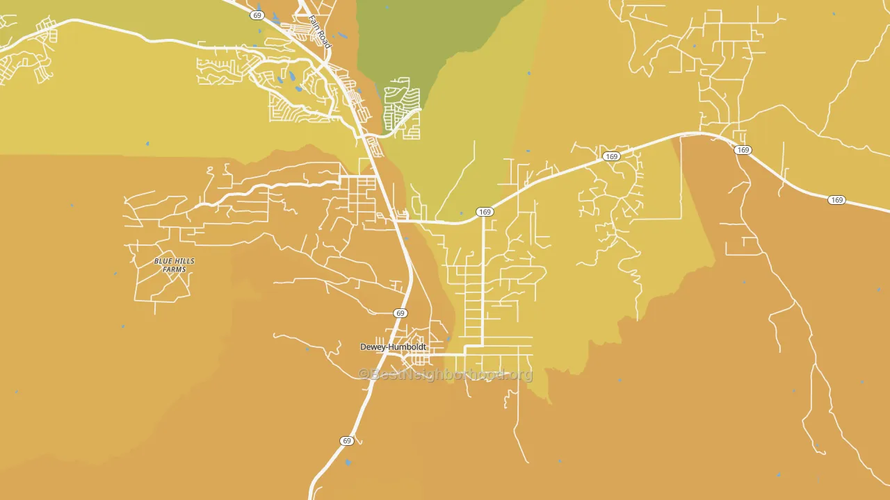 Map of the best neighborhoods in the Humboldt area, with better matches in green and worse matches in red
