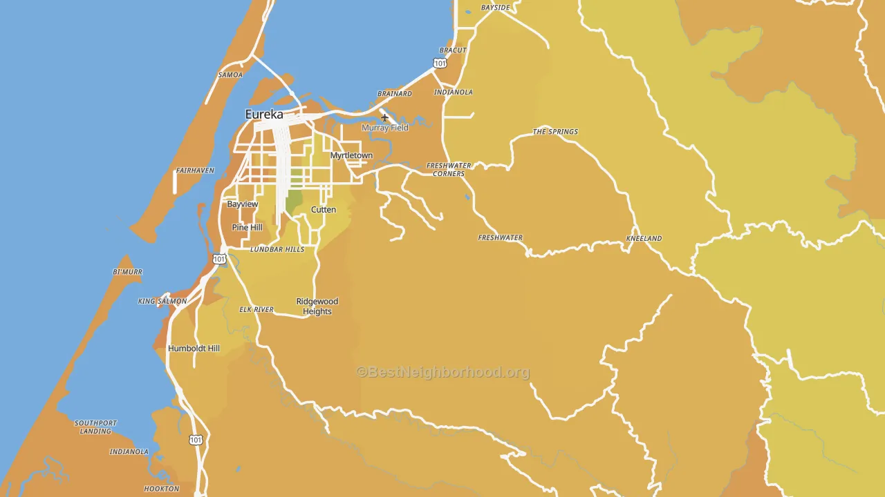 Map of the best neighborhoods in the Humboldt County area, with better matches in green and worse matches in red