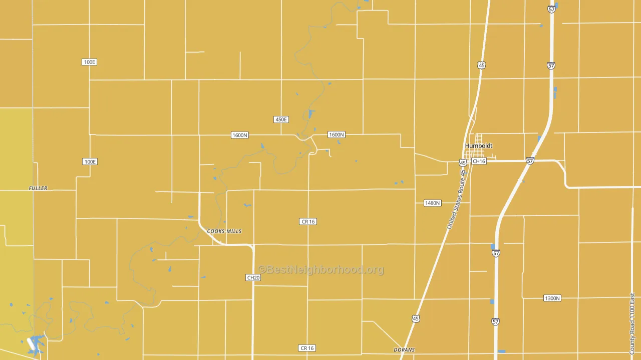 Map of the best neighborhoods in the Humboldt area, with better matches in green and worse matches in red