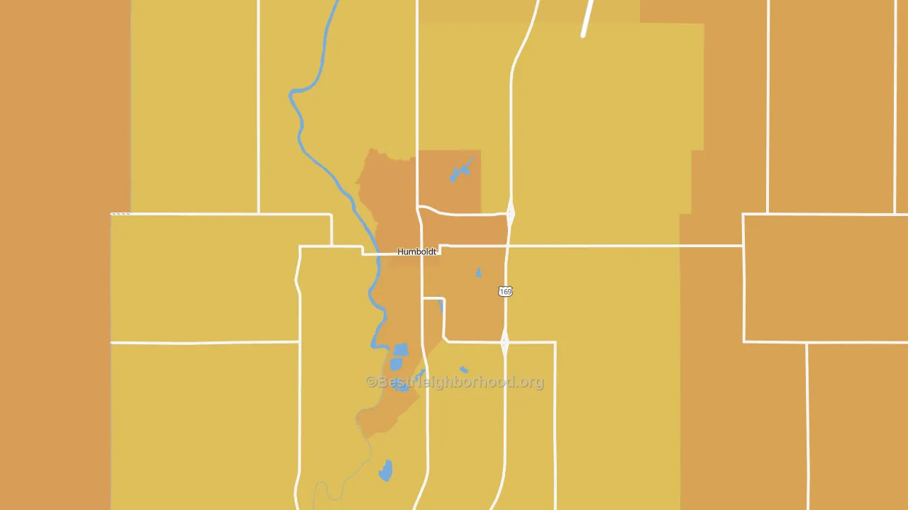 Map of the best neighborhoods in the Humboldt area, with better matches in green and worse matches in red