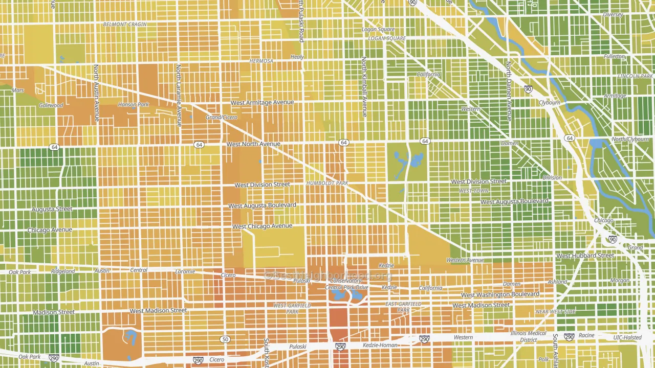 Map of the best neighborhoods in the Humboldt Park, Chicago area, with better matches in green and worse matches in red