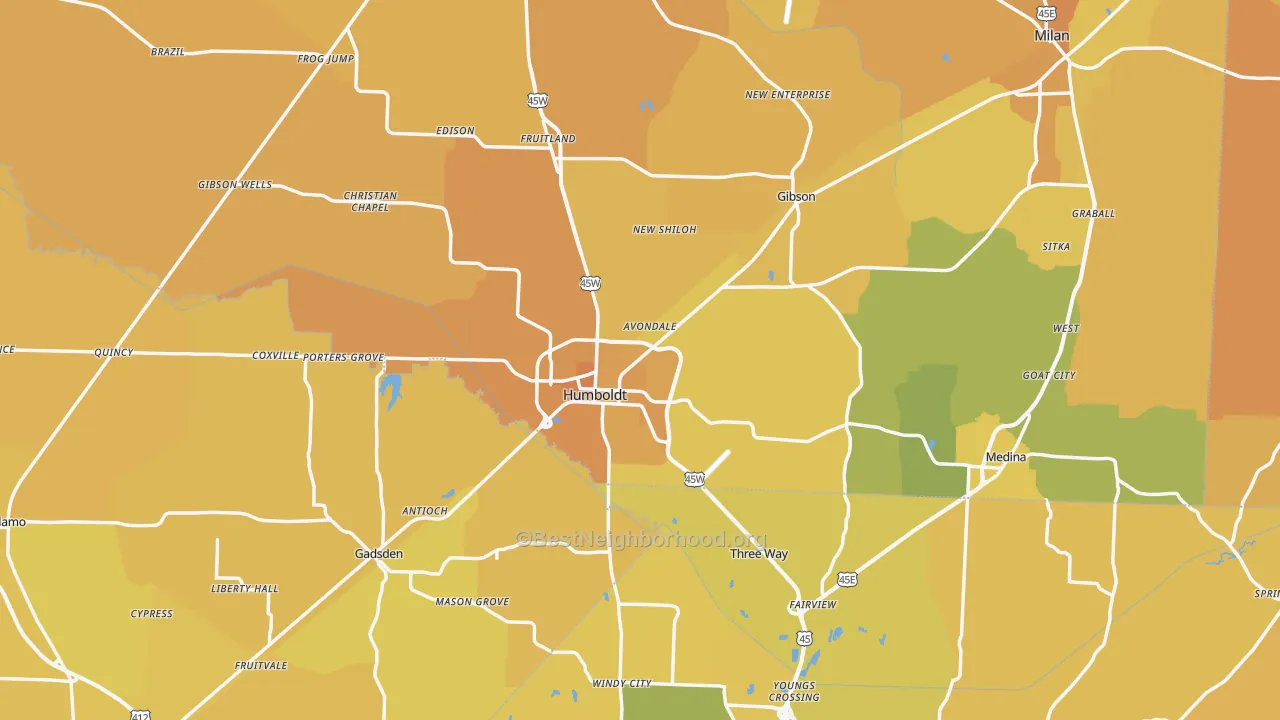 Map of the best neighborhoods in the Humboldt area, with better matches in green and worse matches in red