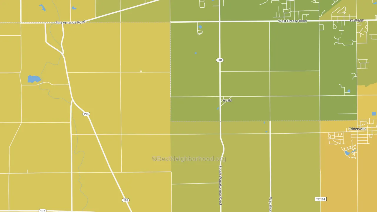 Map of the best neighborhoods in the Hume area, with better matches in green and worse matches in red