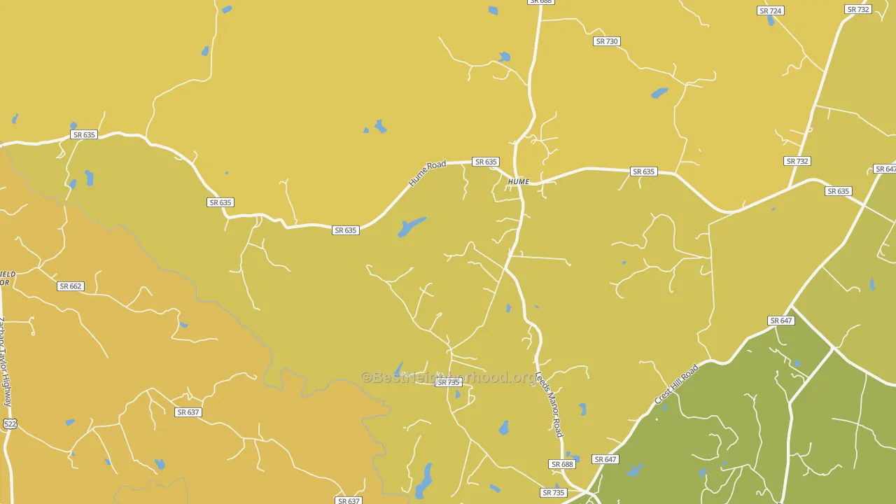 Map of the best neighborhoods in the Hume area, with better matches in green and worse matches in red
