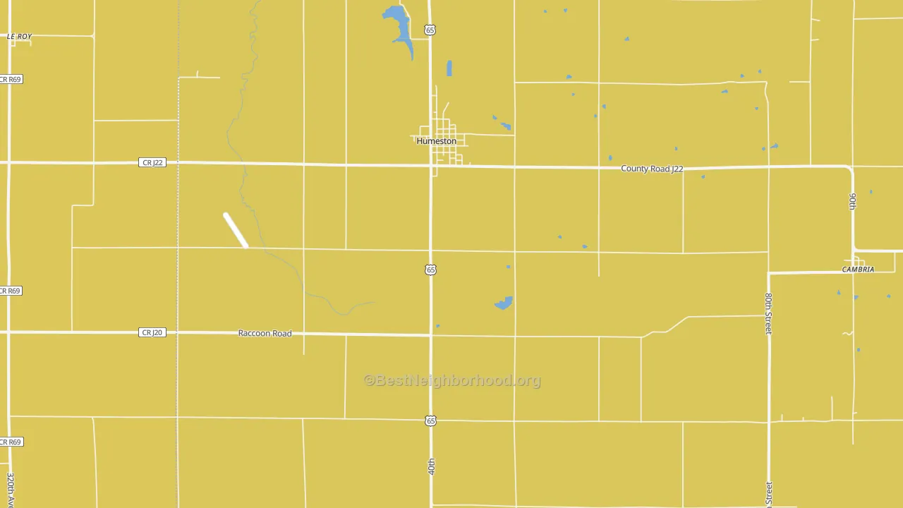 Map of the best neighborhoods in the Humeston area, with better matches in green and worse matches in red