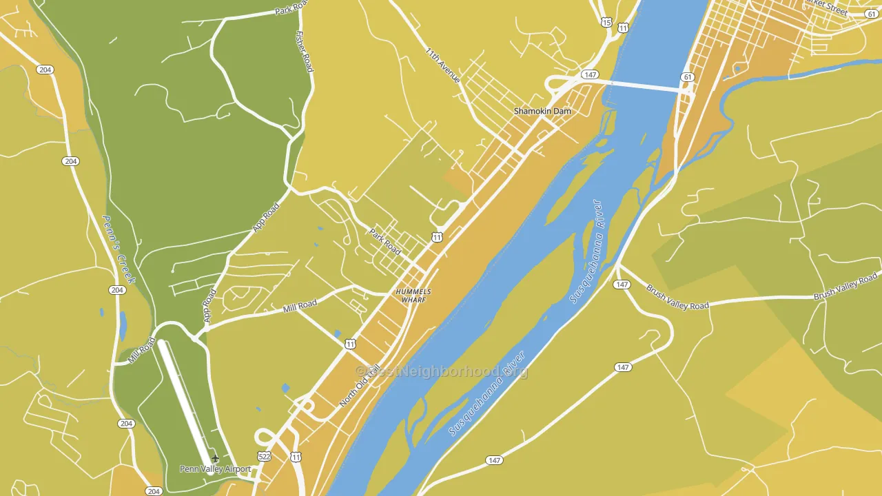 Map of the best neighborhoods in the Hummels Wharf area, with better matches in green and worse matches in red