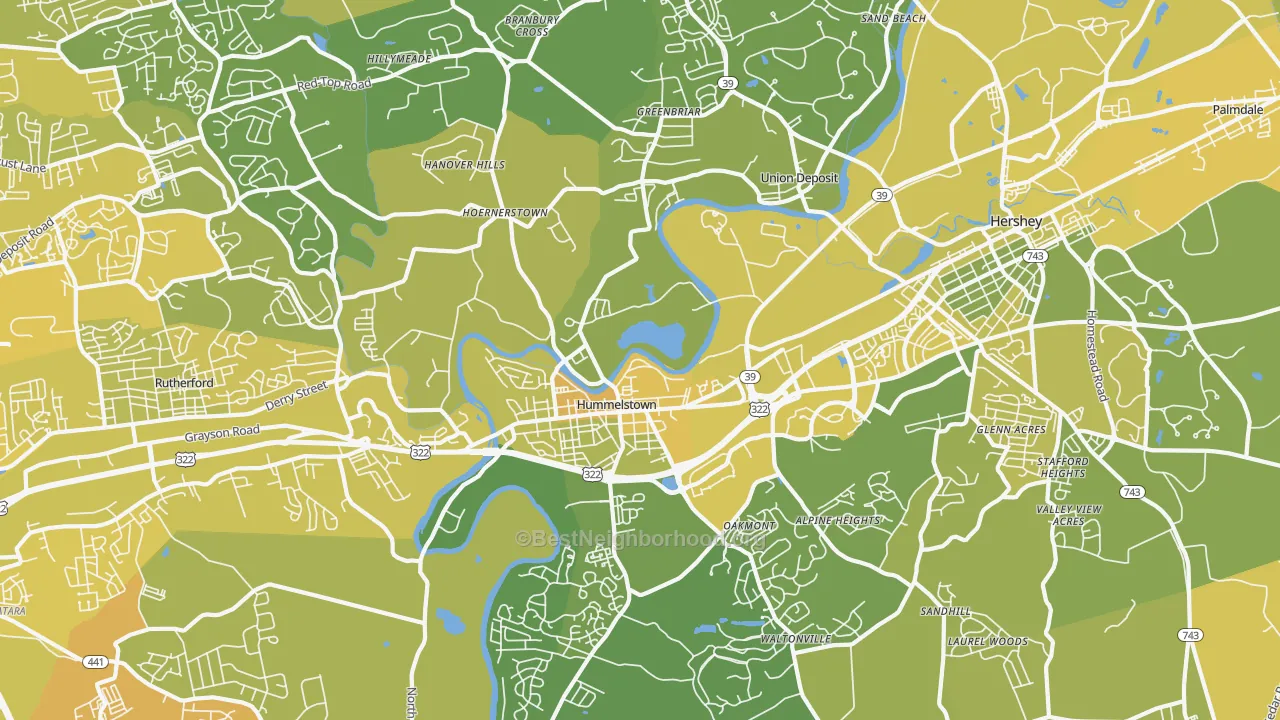Map of the best neighborhoods in the Hummelstown area, with better matches in green and worse matches in red