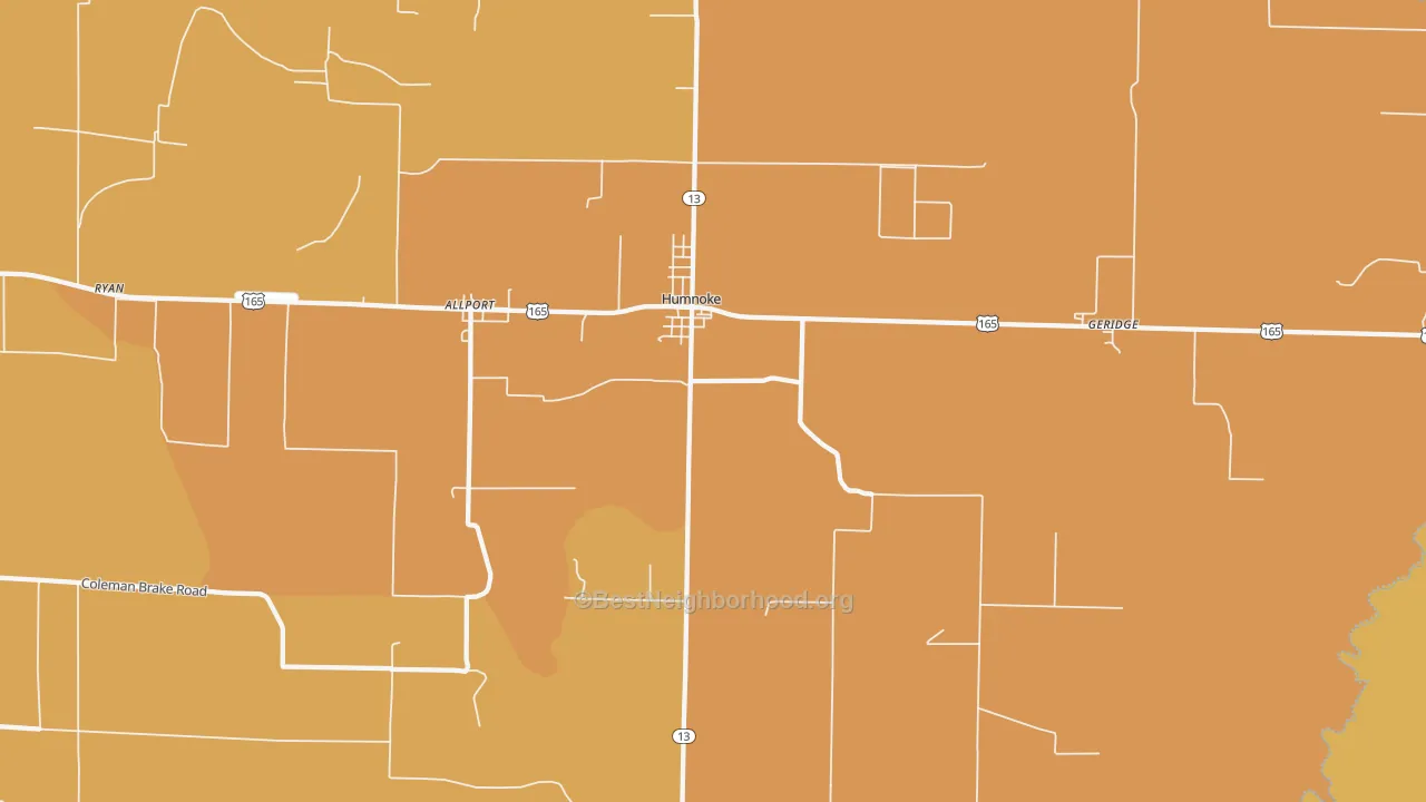Map of the best neighborhoods in the Humnoke area, with better matches in green and worse matches in red