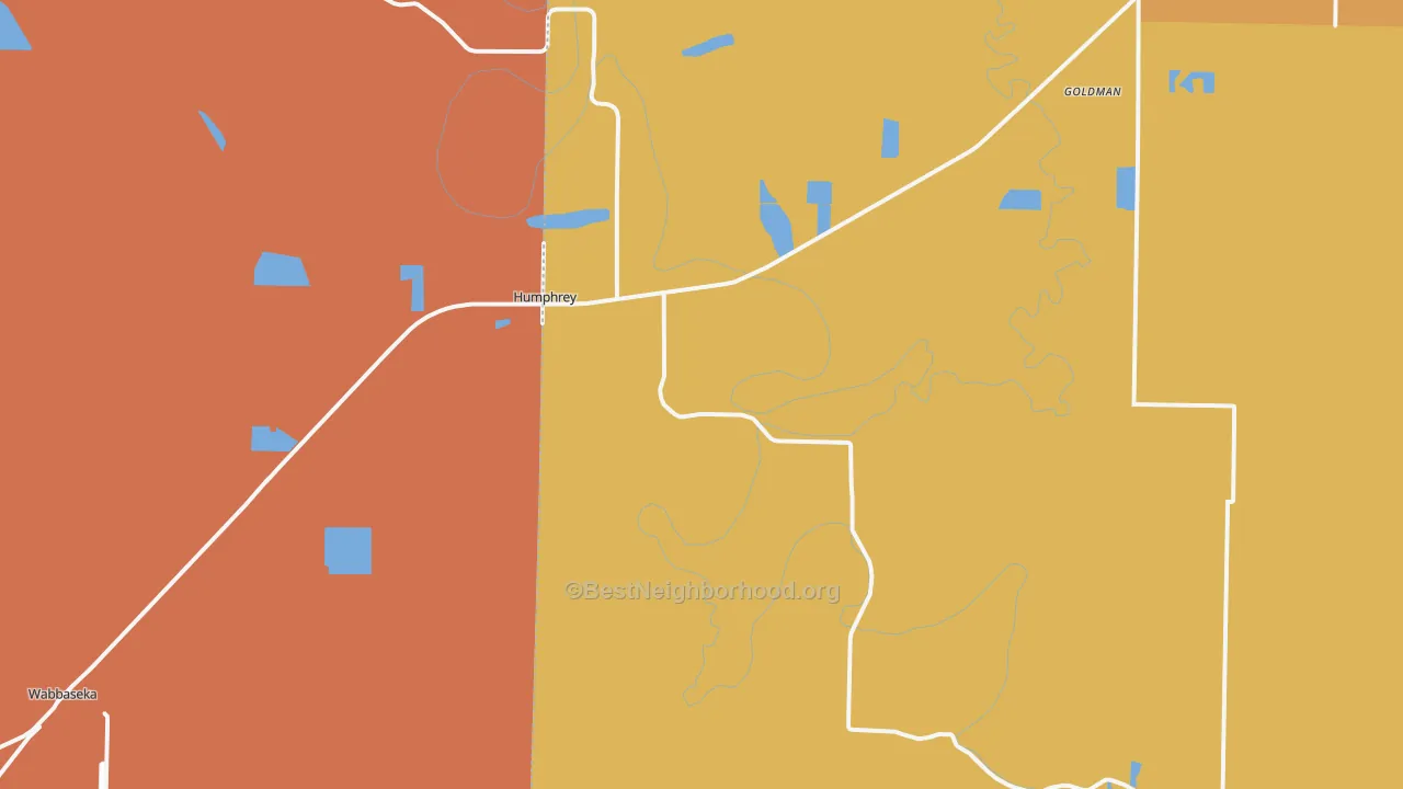 Map of the best neighborhoods in the Humphrey area, with better matches in green and worse matches in red