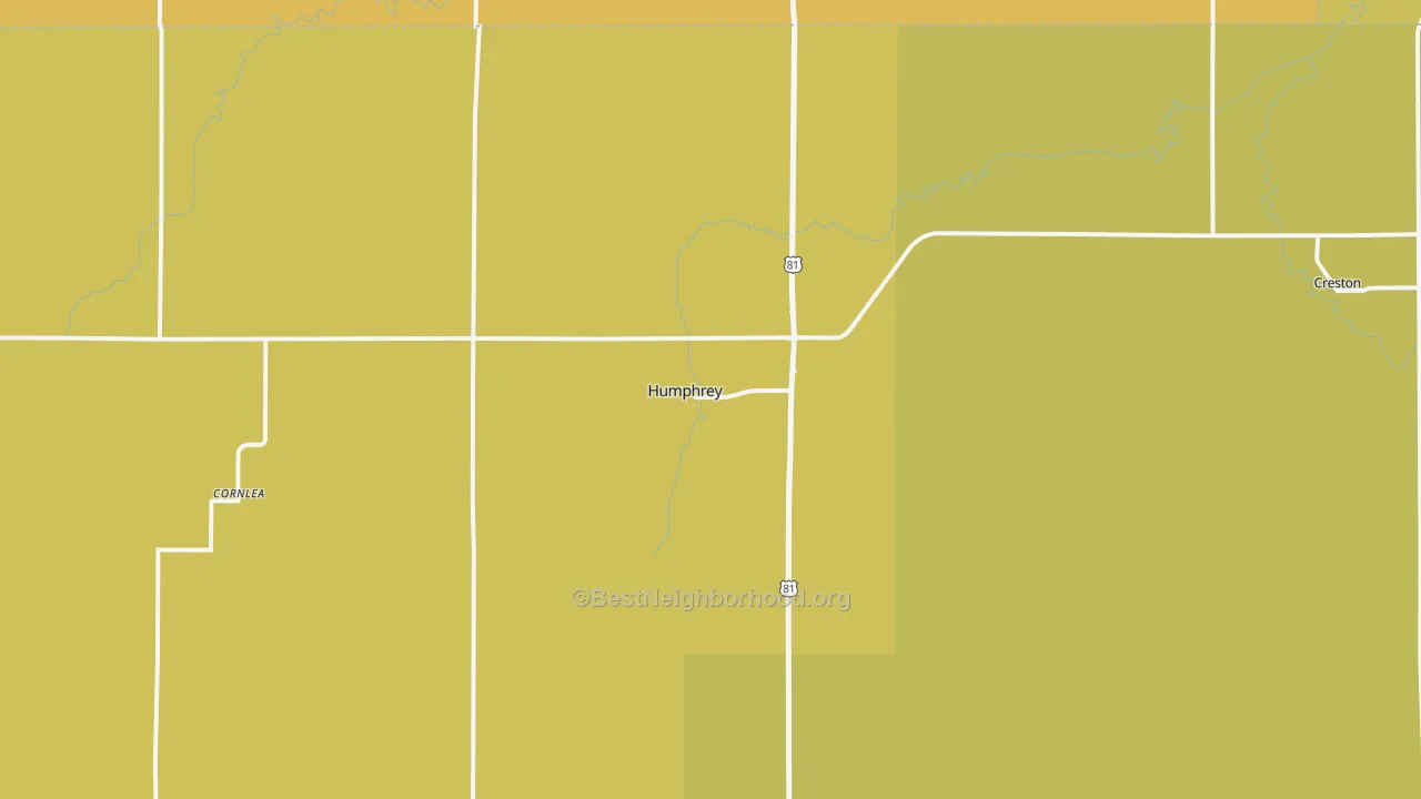 Map of the best neighborhoods in the Humphrey area, with better matches in green and worse matches in red