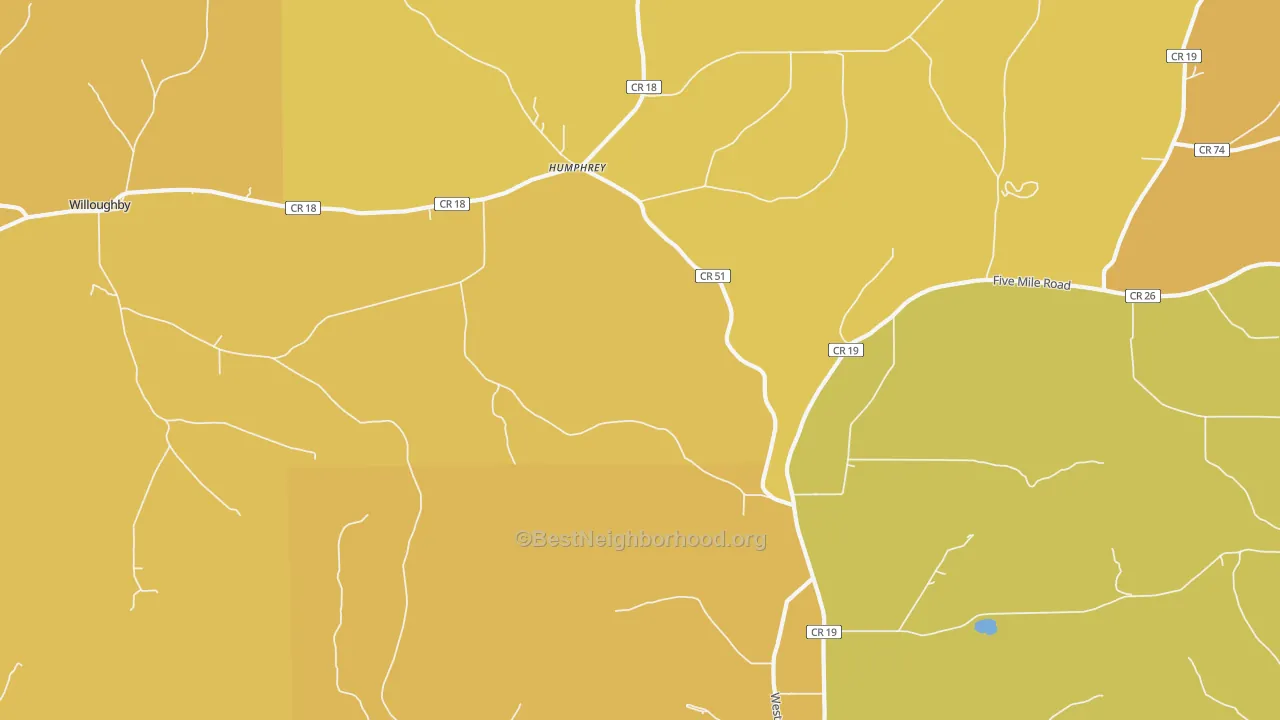 Map of the best neighborhoods in the Humphrey area, with better matches in green and worse matches in red