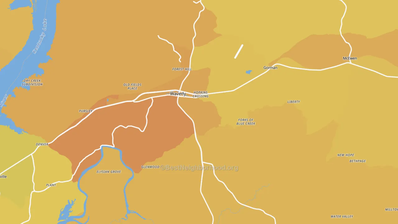 Map of the best neighborhoods in the Humphreys County area, with better matches in green and worse matches in red