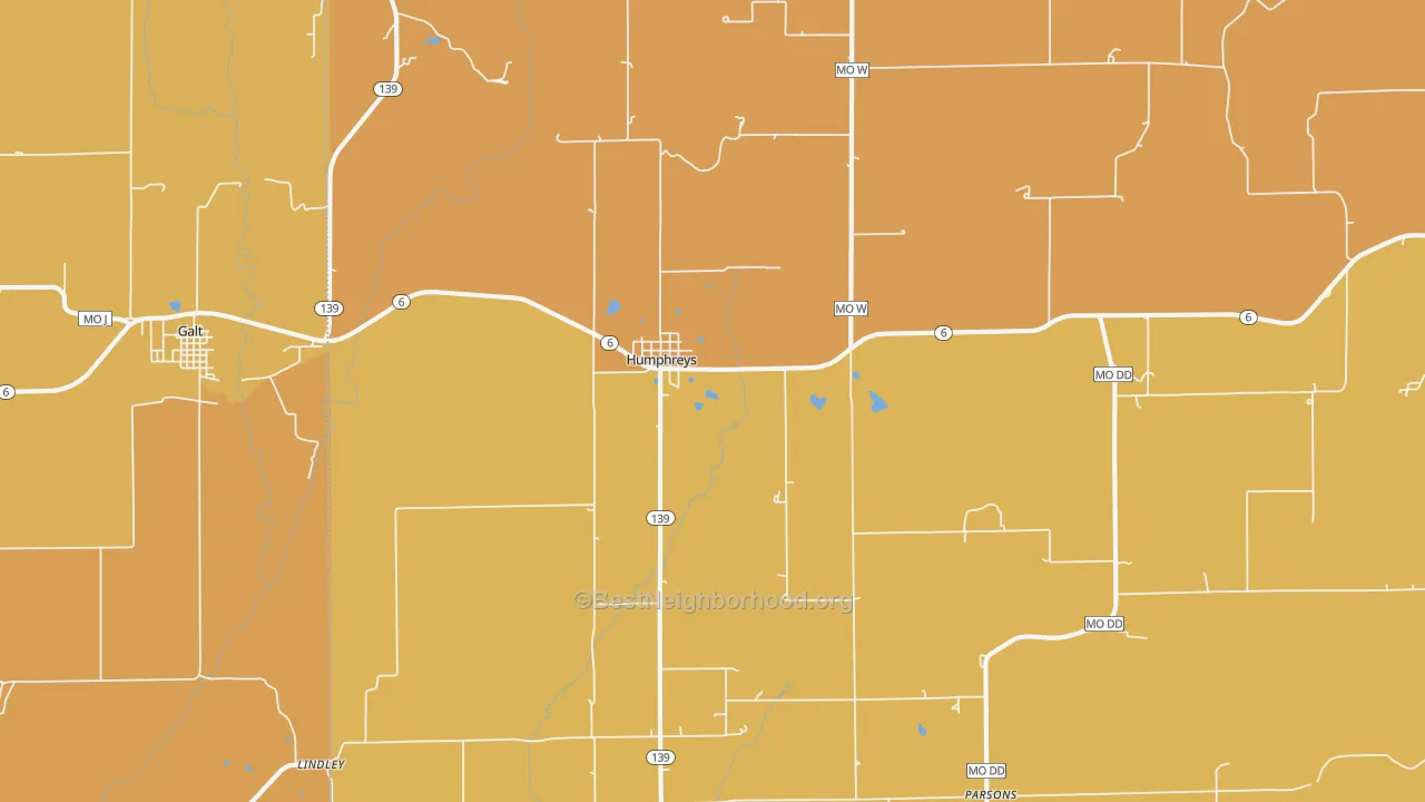 Map of the best neighborhoods in the Humphreys area, with better matches in green and worse matches in red