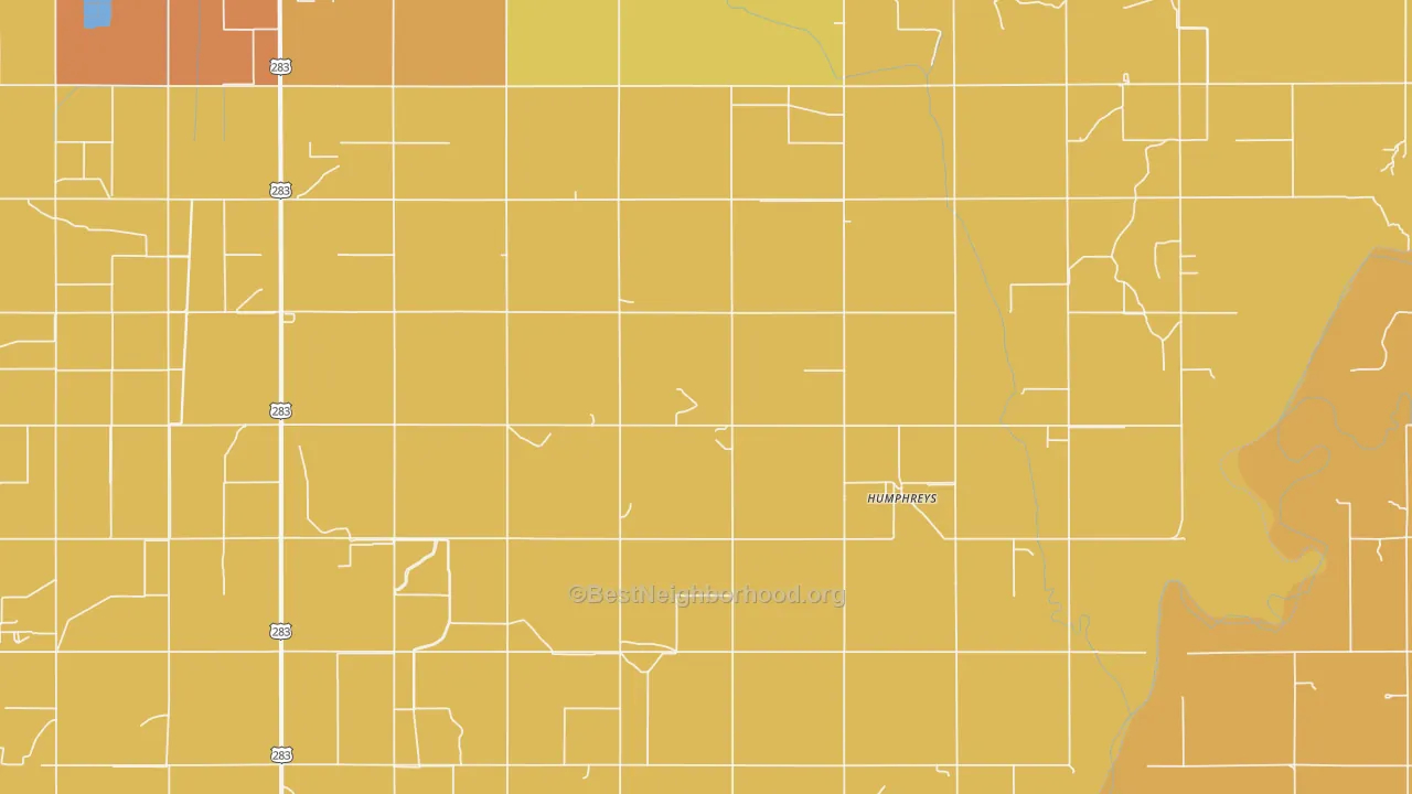 Map of the best neighborhoods in the Humphreys area, with better matches in green and worse matches in red