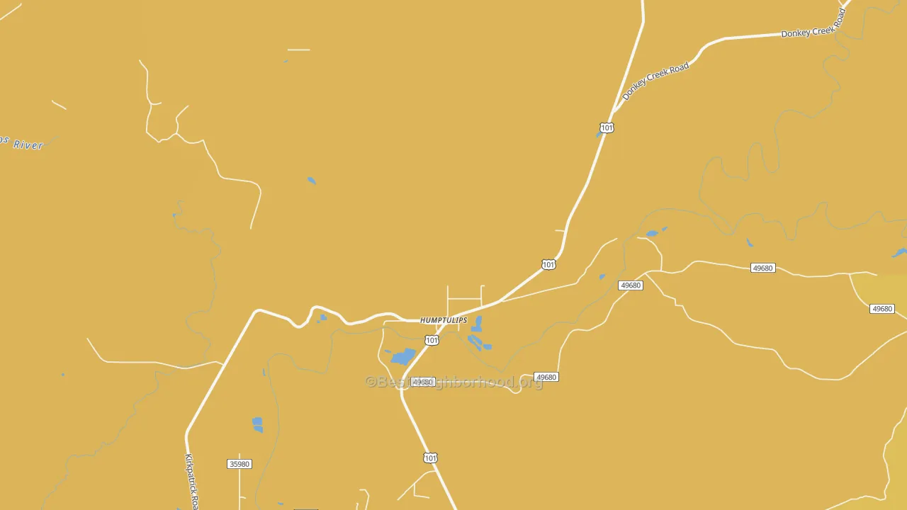 Map of the best neighborhoods in the Humptulips area, with better matches in green and worse matches in red