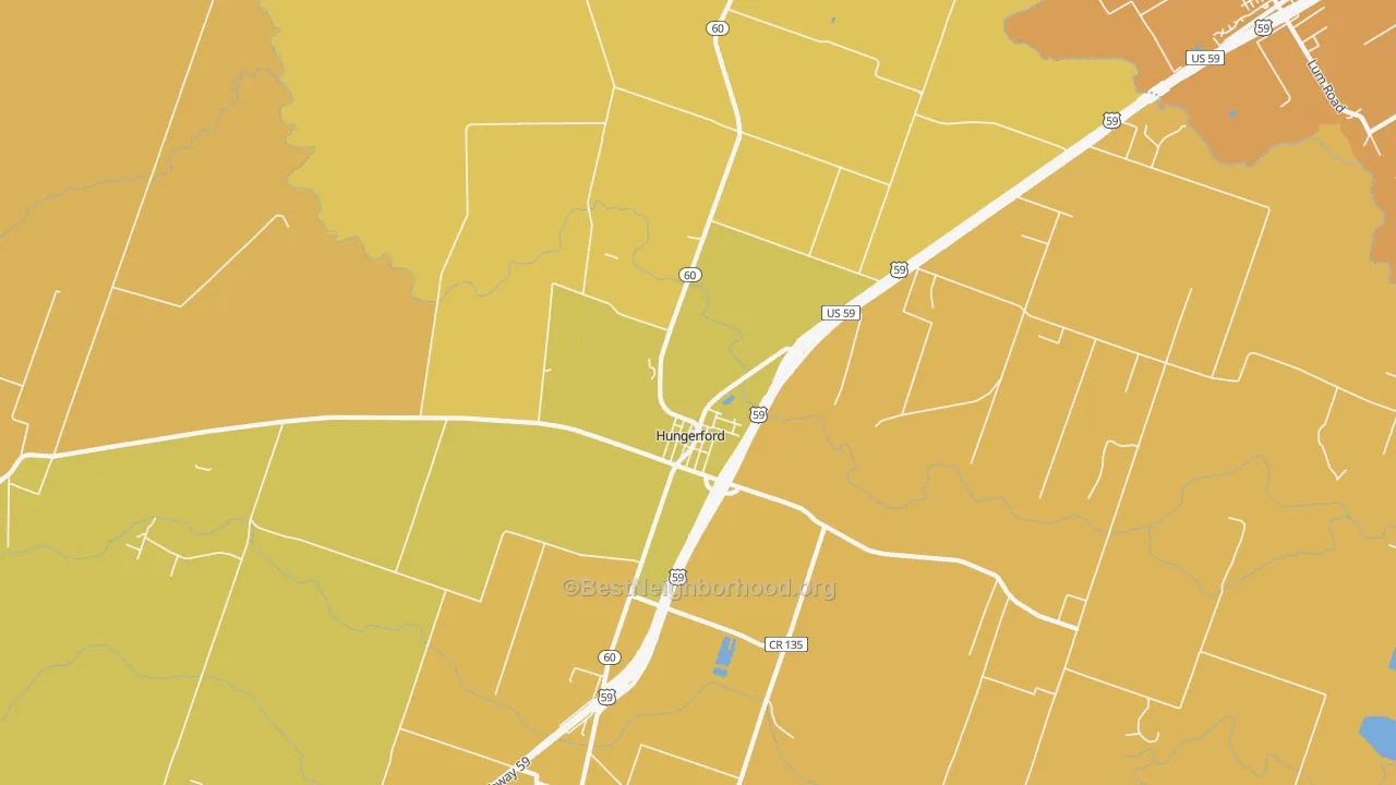 Map of the best neighborhoods in the Hungerford area, with better matches in green and worse matches in red