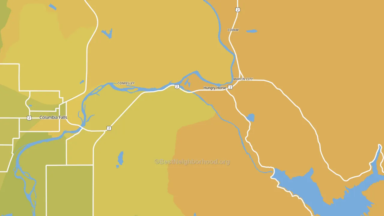 Map of the best neighborhoods in the Hungry Horse area, with better matches in green and worse matches in red