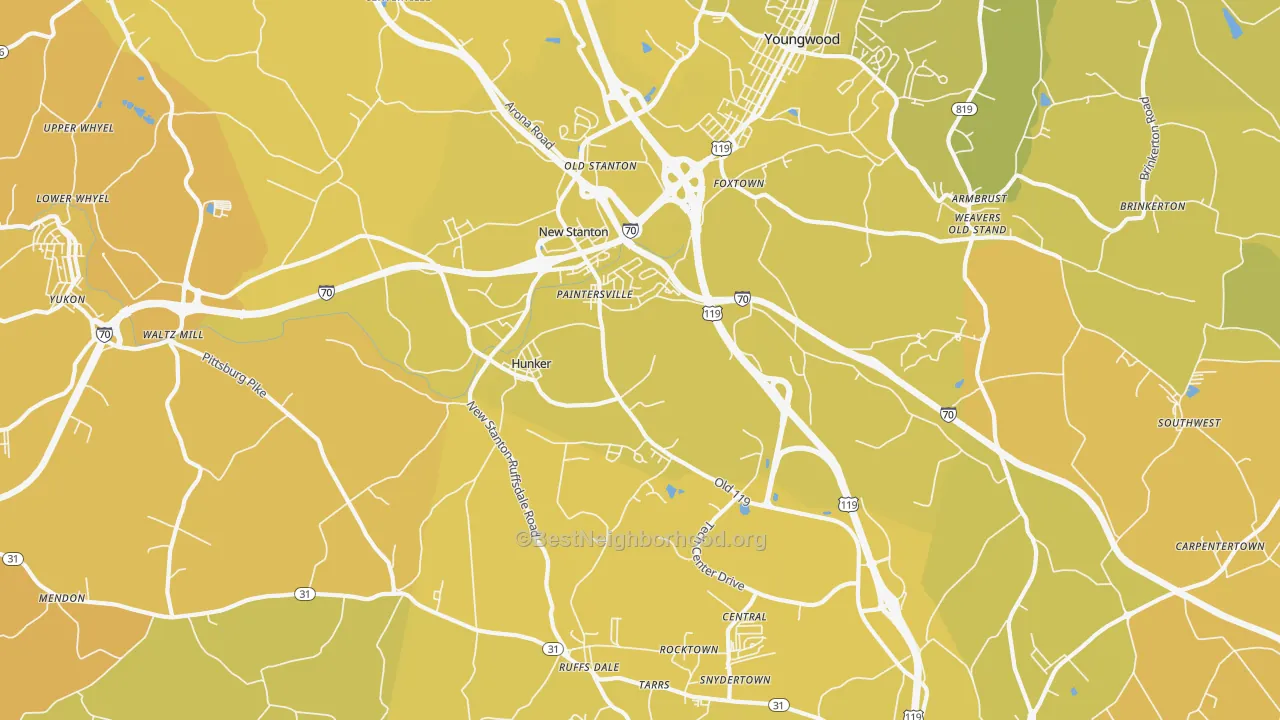 Map of the best neighborhoods in the Hunker area, with better matches in green and worse matches in red